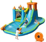 Inflatable Water Slide Bounce House 8-in-1 Kids Waterslide Splash Pool Water Park with Ball Pit &amp; 735W Blower for Boys Girls Backyard Party Gifts