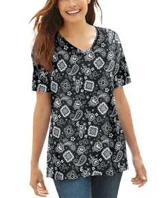 New! Woman Within Perfect V-Neck Tee Size 2X (26/28) Peony Petal Paisley G-9