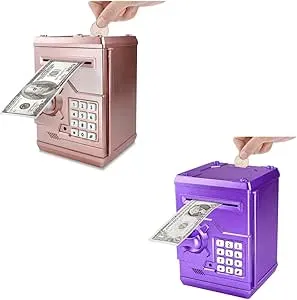 Piggy Bank Electronic Mini ATM for Kids - Password Protected Money Saving Box with Auto Scroll Paper Money and Coin Slot - Best Birthday Gift for Boys and Girls (Rose Gold + Purple)