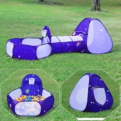 Homfu 3 In 1 Pop Up Kids Play Tent with Tunnel Ocean Ball Pit Pool with Basket Hoop for Toddler Boys Girls to Play and C