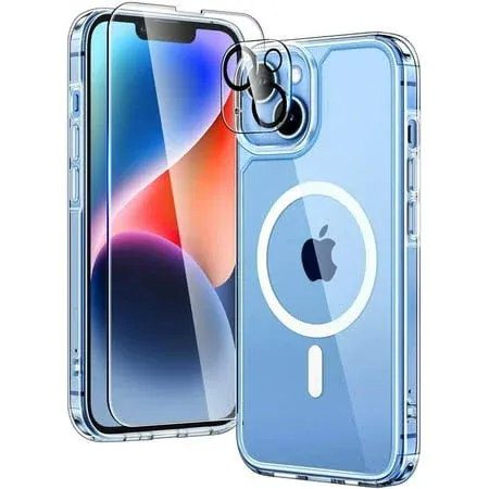 TAURI Magnetic for iPhone 14 Plus Case Clear, Compatible with Magsafe [Yellowing Resistant] with 2X Screen Protector, [Military Grade Protection] Slim Case for 14 Plus