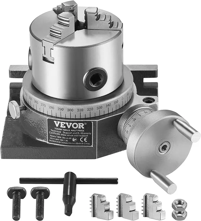 VEVOR Rotary Table for Milling Machines, 4''/ 100 mm, Horizontal Vertical Model Precision Milling Rotary Table, with 3.1''/80 mm 3-Jaw Chuck M10 T-Bolts Nuts, for Milling Engineering Indexing Tools