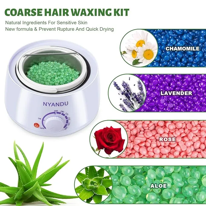 Waxing Kit for Women Men, NYANDU Wax Warmer for Hair Removal, 17.6 oz Wax Beads (5 Packs), Hard Wax Kit for Coarse Hair Facial Eyebrow Legs Armpit Bikini Brazilian, Professional Home Wax Machine