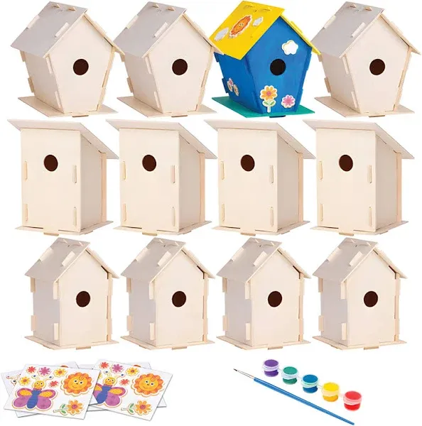 12 Wooden Birdhouse Crafts for Kids - DIY Unfinished Wood Birdhouse Kits with Paint Strips, Paintbrushes & Stickers - Bulk Arts and Crafts Set