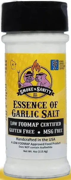 Smoke n Sanity Essence of Garlic Salt - Monash Certified Low FODMAP - Contains No Onion - Certified Gluten Free - Certified Kosher - Dairy Free Low Fodmap Seasonings- 4.0 Ounce Shaker