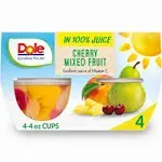 Dole Fruit Bowls Cherry Mixed Fruit in 100% Juice, Gluten Free, 4 Oz, 24pcs