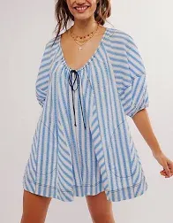 Women Y2k Striped Short Rompers Casual Puff Sleeve Scoop Neck Mini Shorts Summer Loose Oversized Jumpsuit