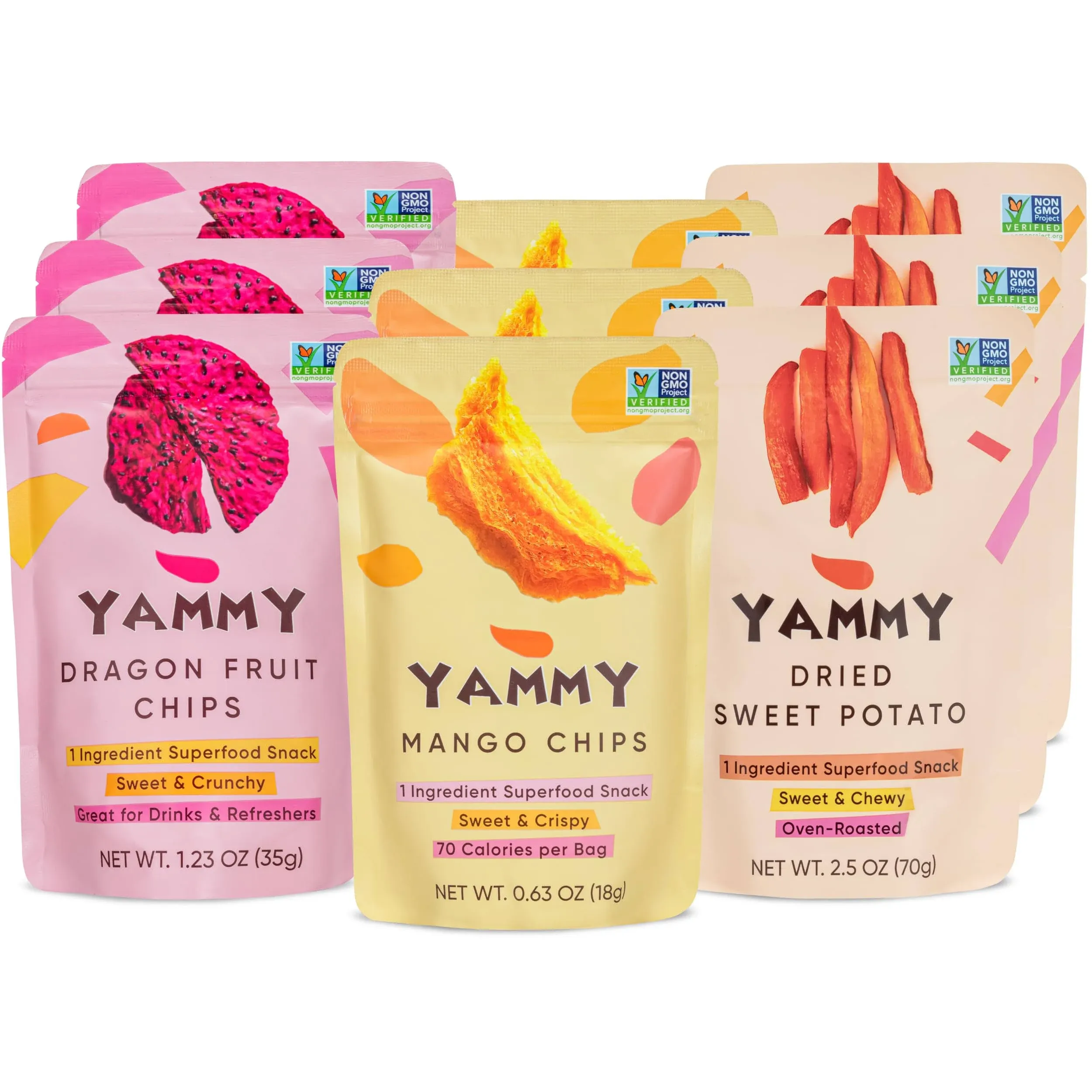 Yammy 1 Ingredient Superfood Snack Variety Pack Dried Sweet Potato Mango Chips Dragon Fruit Chips 9 Bags