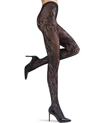 $32 Natori Women Black Feather Embroidered Lace Fishnet Stockings Tights Size L