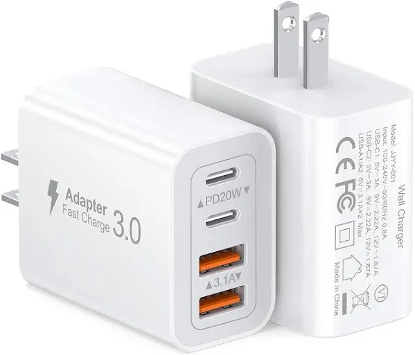 40W USB C Charger Cube, 2-Pack Wall Plug Fast Charging Block, 4-Port PD+QC