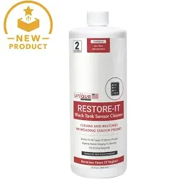 Unique Restore-It RV Sensor Cleaner Liquid for Black Water Holding Tanks - Cleans and Restores Misreading Camper Black Tank Sensor Probes, CA Compliant, 32 oz. (2-Pack)