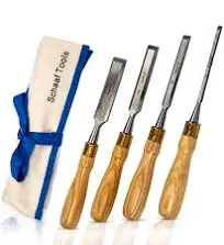 Schaaf Tools 4-Piece Wood Chisel Set | Finely Crafted Wood Chisels for Woodworking | Durable Cr-V Steel Bevel Edged Blade, Tempered to 60HRc | Tool Roll Included