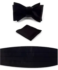 NV Holders: Men&#039;s Premium 100% Silk Cummerbund, Bow Tie, Handkerchief - Black Tu