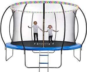 Trampoline - 8 Ft, 10 Ft, 12Ft, 14 Ft Trampoline with LED Lights - Kids Outdoor Recreational Trampoline for Kids/ASTM/Trampoline with Safety Enclosure Net/Large Trampoline for Adults