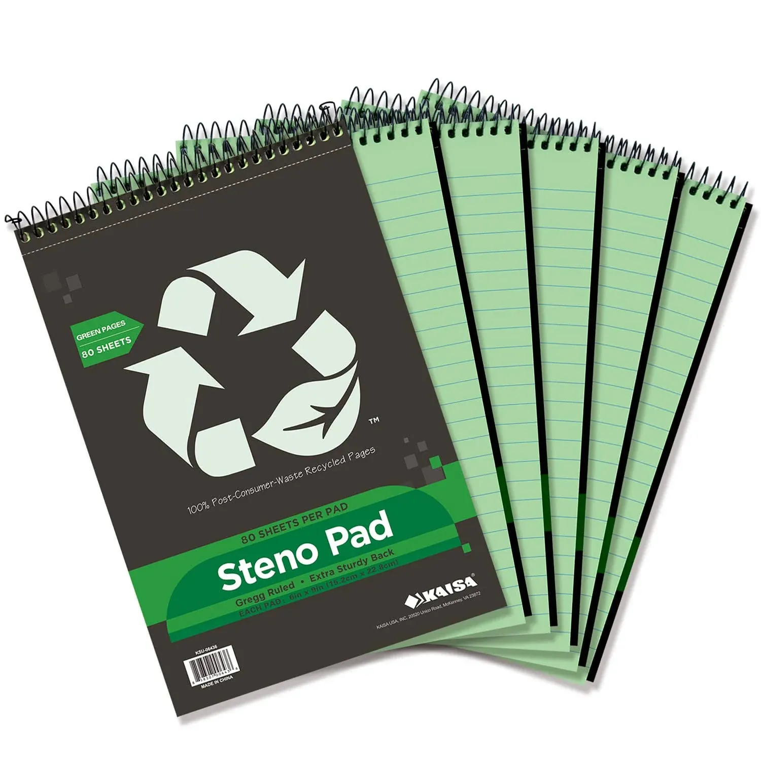 KAISA Steno Pad Notebook Recycled Paper Gregg Ruled 6&#034; x 9&#034; Green Paper Noteb...