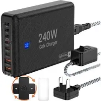 Bloque de carga USB C de 240 W, estación de carga súper rápida para iPhone/Samsung, adaptador C de 65 W para portátiles/tabletas, enchufe plano de perfil bajo, cable de alimentación trenzado de 5 pies