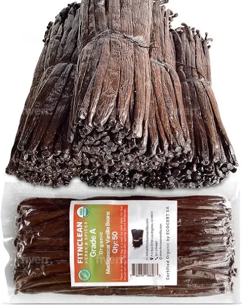 50 Organic Grade A Madagascar Vanilla Beans by FITNCLEAN Vanilla. Certified Organic ~13cm Bulk for Extract and All Things Vanilla