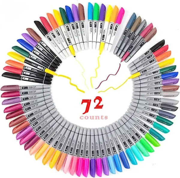 TOWON Permanent Markers 72 Assorted Colors - Waterproof Colored Pens Set 45 Fine Tip, 8 Ultra Fine, 8 Chisel Tip, 6 Neon, 5 Metallic Markers Home Office School Supplies for Kids, Adults Coloring