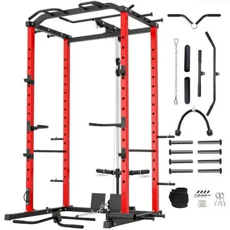 VANSWE Power Cage with LAT Pulldown Attachment, 1200-Pound Capacity Power Rack Full Home Gym Equipment with Multi-Grip Pull-up Bar, Landmine, T bar and Dip Handle