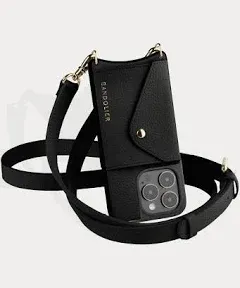 Bandolier Hailey Crossbody Phone Case and Wallet Black Leather with Gold Detail