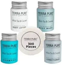 Terra Pure White Tea and Coconut Hotel Soaps and Toiletries Bulk Set | 1-Shoppe All-In-Kit | 1oz Shampoo & Conditioner, Body Wash, Lotion & 1.25oz