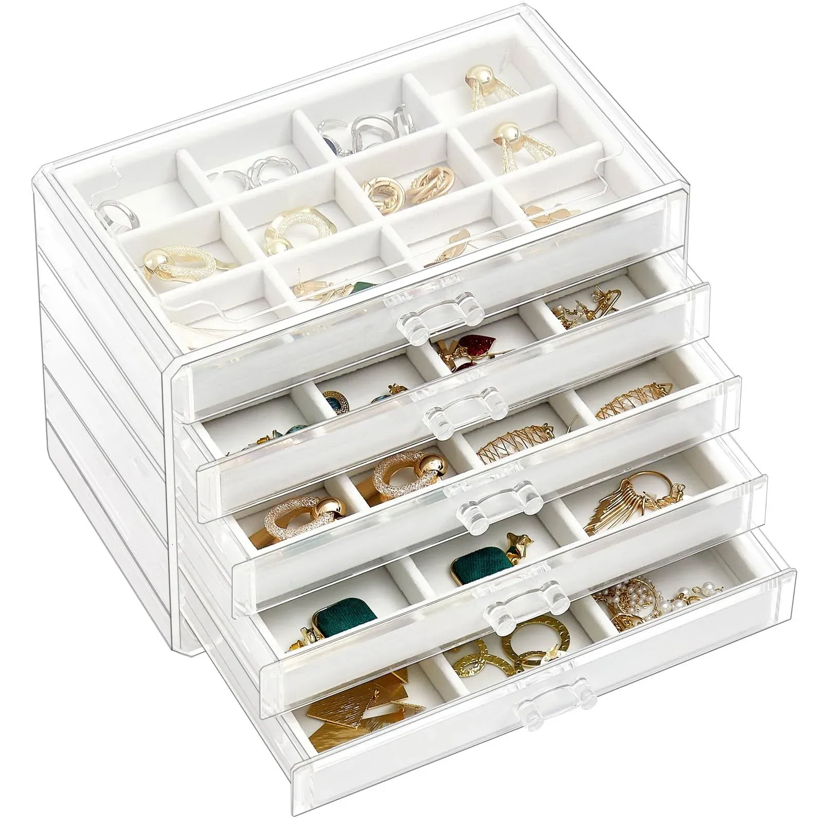 ProCase Earring Holder Organizer Jewelry Box with 5 Drawers, Acrylic Clear Earring Case with Adjustable Velvet Trays for Women - Warmwhite,5 Layers