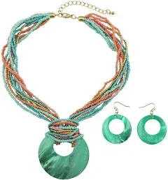 Coiris Multi Strand Statement Colorful Beaded Necklace with Big Circle Shell Pendant for Women