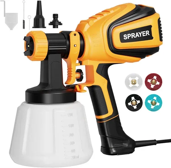 VONFORN Paint Sprayer, 700W HVLP Spray Gun with Cleaning & Blowing Joints, 4 Nozzles and 3 Patterns, Easy to Clean, for Furniture, Cabinets, Fence,