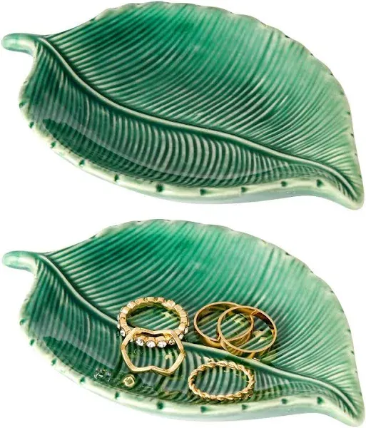 2-Pack Small Green Leaf-Shaped Trinket Tray, 5.3x3.6x0.8-Inch Ceramic Jewelry Dish