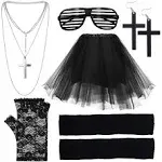 80s Women&#039;s Costume Tutu, Glasses, Gloves, Leg Warmers Cross Earrings &amp; Necklace