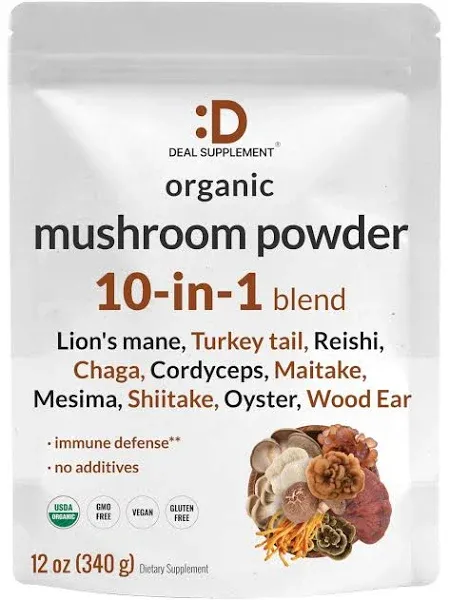 DEAL Supplement Organic Mushroom Powder Supplement 12oz – 10 in 1 Active Blend – Shiitake