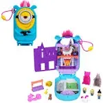 Polly Pocket Spielset, 1 Puppe, 2 Minions und Fluffy das Einhorn Spielzeug, Minions Compact mit 9 Zubehörteilen