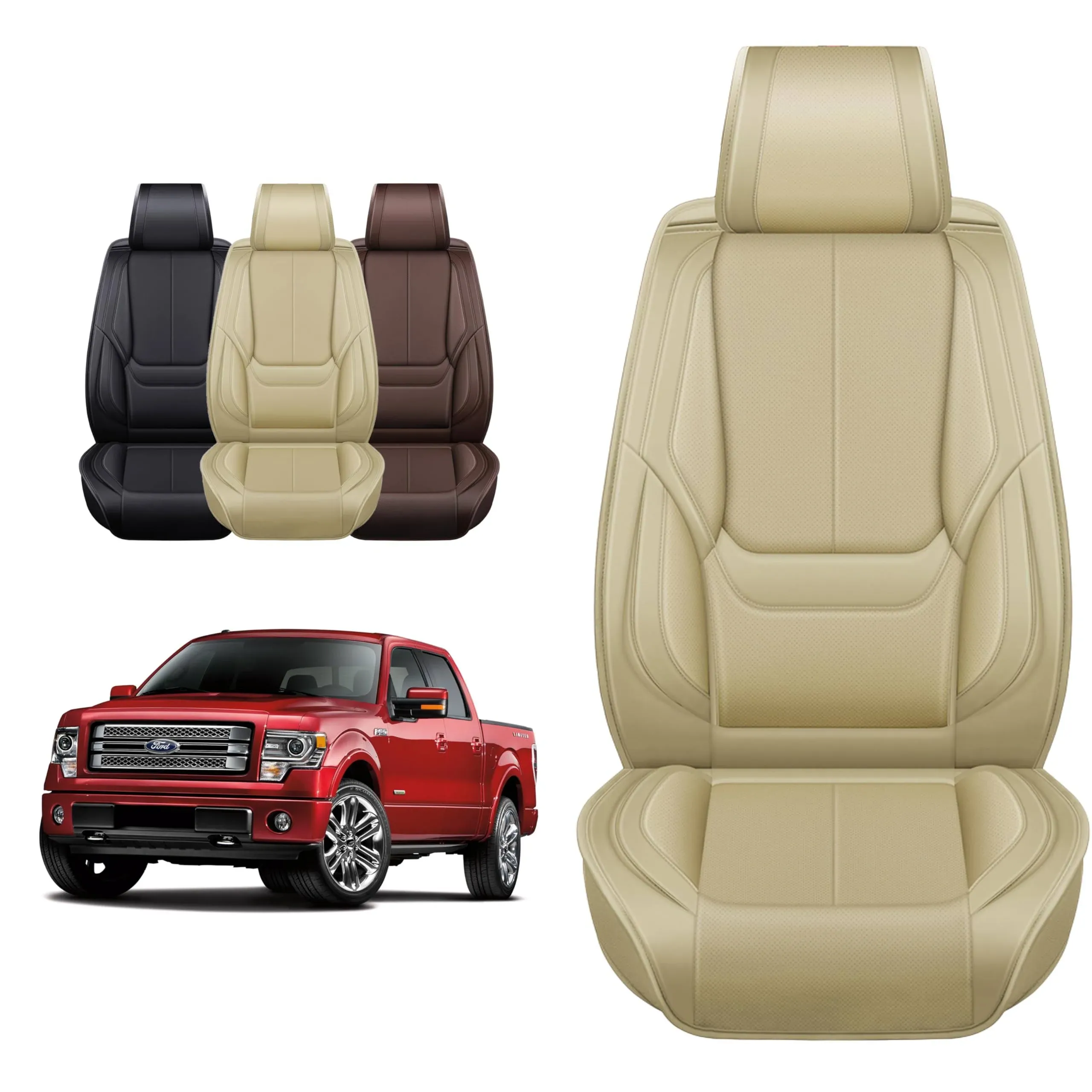 OASIS AUTO Ford F150 F250 F350 Accessories Seat Covers 2009-2025 Custom Fit Leather Truck Cover Protector F-150 F-250 F-350 Crew Double Super Extended Cab (Premium Full Set, Brown)