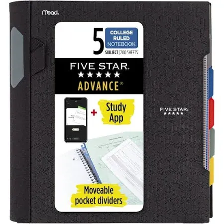 Five Star Advance Spiral Notebook, 5 Subject, College Ruled Paper, 200 Sheets,