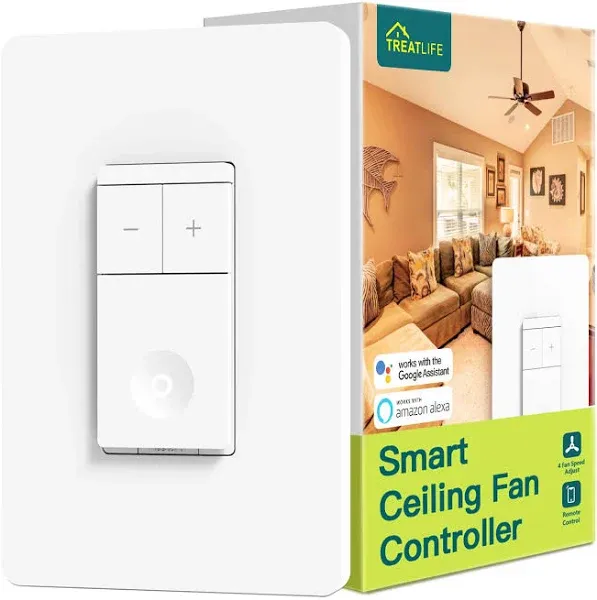 TREATLIFE Smart Ceiling Fan Control, 4 Speed Fan Switch for Ceiling Fan, Neutral Wire Required, 2.4GHz WiFi Smart Fan Switch Works with Alexa, Google Home, Remote Control, Schedule, No Hub Required