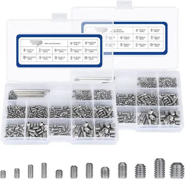 1000pcs Metric + SAE Set Screw Assortment Kit, Internal Hex Drive Cup-Point A...