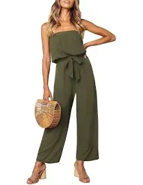 ZESICA Women's 2024 Casual Off Shoulder Solid Color Strapless Belted Wide Leg Jumpsuit