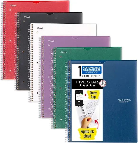 Spiral Notebooks + Study App, 6 Pack, 1 Subject, College Ruled, 8-1/2&#034; X 11&#034;, 10