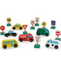 Melissa &amp; Doug Wooden Vehicles &amp; Traffic Signs 6 Cars &amp; 9 Signs 15 piece set NEW