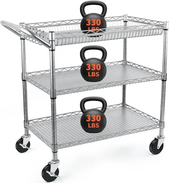 3 Tier Heavy Duty Utility Cart Wire Rolling Cart w/ Handle Bar Service Trolley