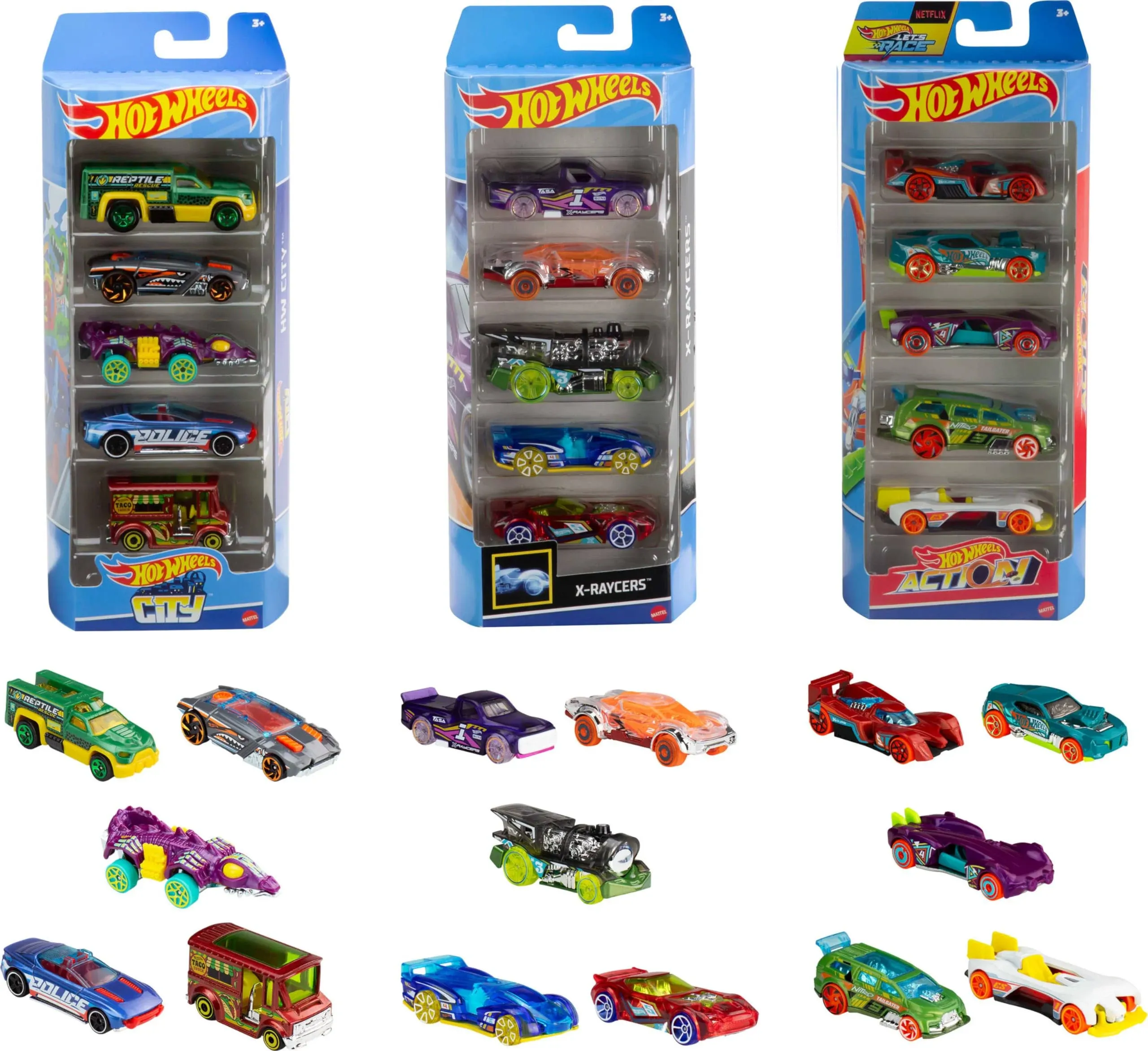 Hot Wheels Toy Cars, Bundle of 15 1:64 Scale Vehicles with 3 Themes: HW City, X-Raycers & Track Pack