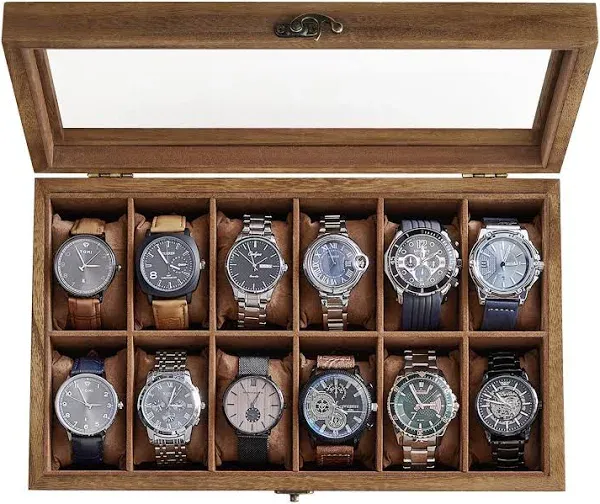 SONGMICS Watch Box with 12 Slots, Watch Case, Solid Wood Watch Box Organiser with Glass Lid, Watch Display Box with Removable Pillows, Gift Idea,