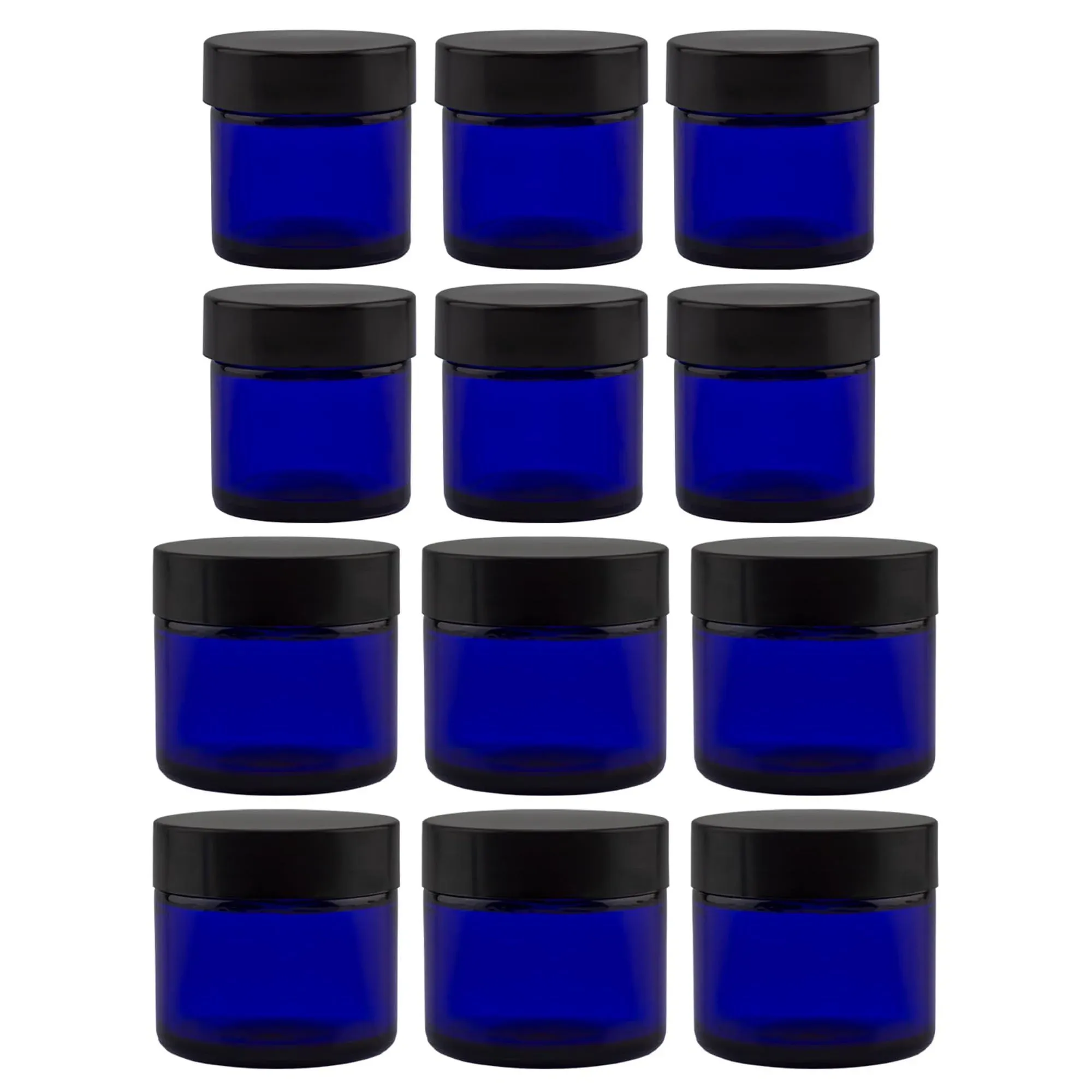 Cornucopia Brands Combination 12 Pack of Cobalt Blue 1oz & 2oz Glass Straight Sided Jars, Lids Included; Empty Refillable Containers for Cosmetics