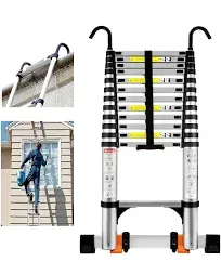 Telescoping Ladder,14.5FT Aluminum Portable Extension Ladder w/Hooks, Stabilizers& Wheels, Heavy Duty 330lbs Max Capacity, Collapsible Telescopic Ladder for Rv, Roof, Attic, Outdoor -Black