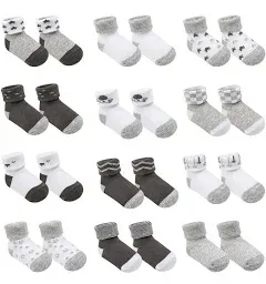 infancie Baby Socks w/Grippers 0-6 & 6-12 Months | Safe Walking Non-Slip Sole | Stay-in-Place Ribbed Cuffs unisex | 12Pairs (US, Age, 0 Months, 6