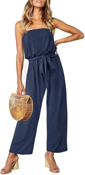 ZESICA Women's 2024 Casual Off Shoulder Solid Color Strapless Belted Wide Leg Jumpsuit