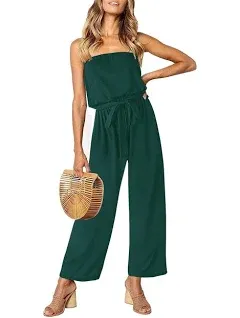 ZESICA Women's 2024 Casual Off Shoulder Solid Color Strapless Belted Wide Leg Jumpsuit