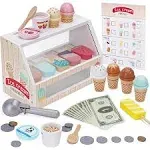 Wooden Ice Cream Counter Playset for Kids, Toddler Girl Toys Kitchen Playset Pretend Play Gifts for 3 4 5 6 Year Old Girl or Boy, Play Food Scoop and Serve, Play Kitchen Sets for Kids Ages 4-8