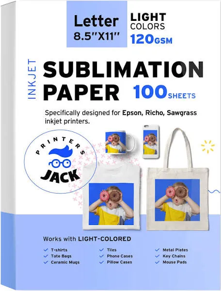 Printers Jack Sublimation Paper - 8.5 x 11 Inches, 100 Sheets 120gsm for Any Epson Sawgrass Inkjet Printer with Sublimation Ink, Heat Transfer