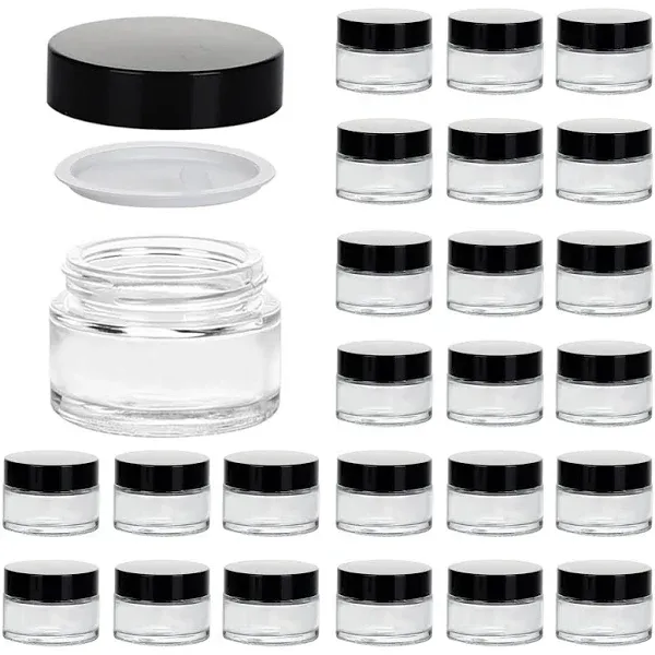 1oz Glass Jar with Lid, HOA Kinh 25Pack Clear Round Containers Cosmetic Glass Jars with Inner Liners and Black Lids Travel Jars for Storing Lip and